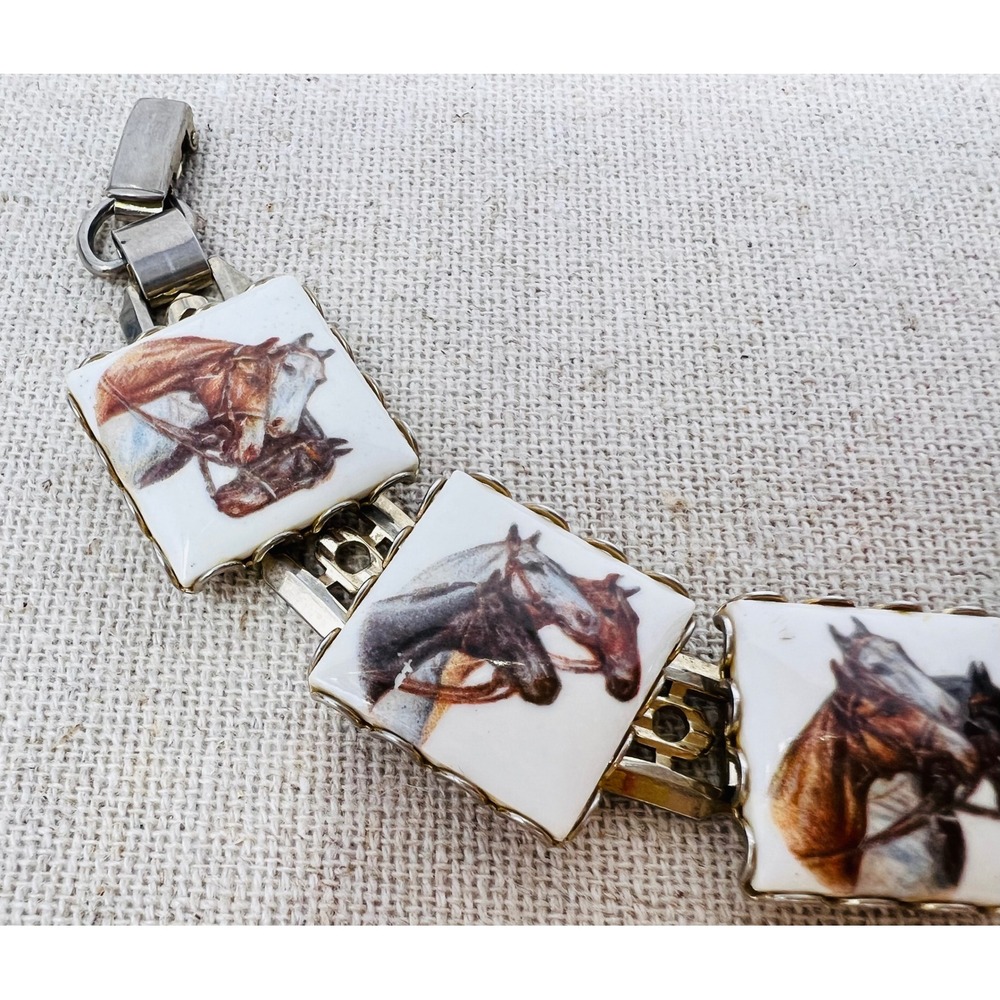 Vintage Equestrian Horse Portrait Porcelain Tile Link Bracelet Gold Tone 7.5in - Picture 7 of 11